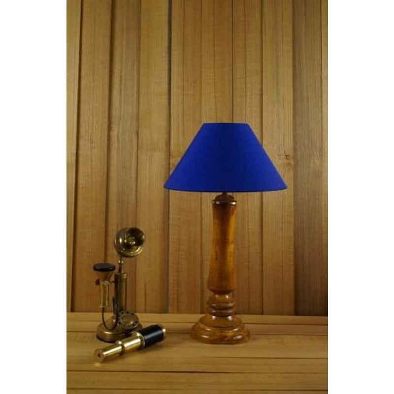 Tucasa Mango Wood Tan Table Lamp with 10 inch Polycotton Blue Pyramid Shade, WL-206