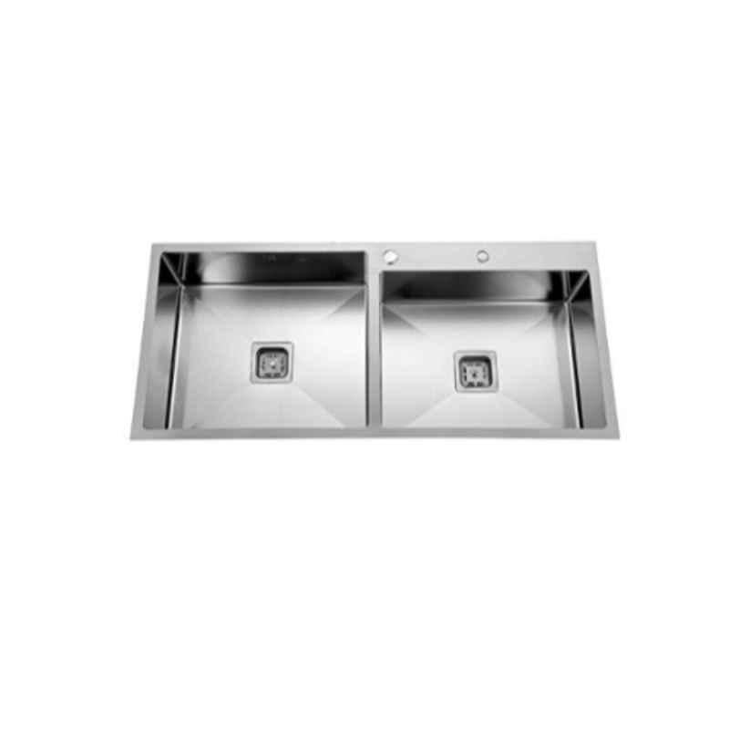 Rigwell Lifetime 32x18x10 inch Satin Finish Stainless Steel Double Bowl Handmade Kitchen Sink with Tap Holes & 2.5mm Thickness