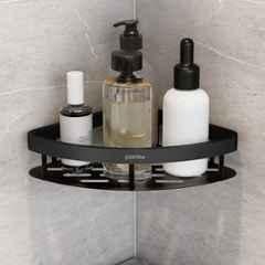 Plantex Self Adhesive Corner Shelf for Bathroom Wall/Aluminium & Stainless Steel Corner Shelf/Storage Organizer/Bathroom Accessories Set- 8x8 inch, Black