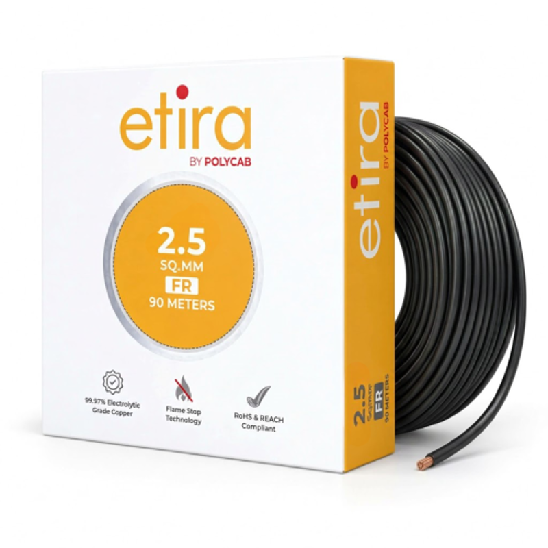Polycab Etira 2.5 Sqmm 90m Black Single Core FR Multistrand PVC Copper Insulated Unsheathed Industrial Cable