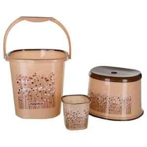 Nayasa Funk 3 Pcs 18L Plastic Brown Square Bucket, 1.5L Mug & Stool Set