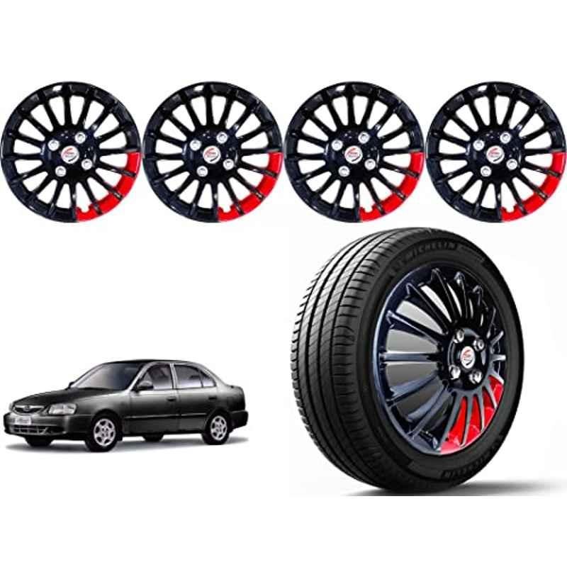 Auto Pearl 4 Pcs 14 inch Polypropylene Black & Red Press Type Car Wheel Cover Set with Retention Ring for Hyundai Accent