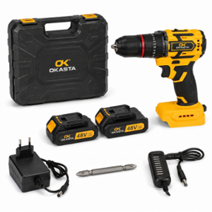 Okasta 48V 1300rpm Cordless Drill Machine with 2 Li-ion Batteries, Charger, Carry Case & Screwdriver Bit
