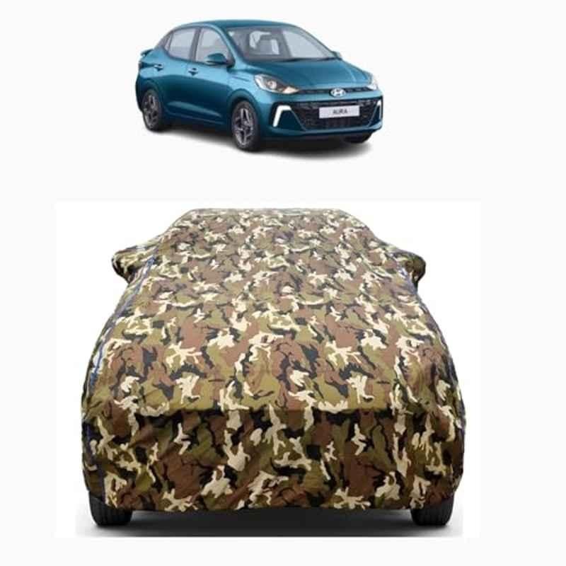 Aarex Auto Polyester Jungle 100% Waterproof Car Body Cover with Mirror Pocket, UV Proof, Heat Resistant, Anti Dust & Triple Stitched for Hyundai Aura, DZ-2-Jungle