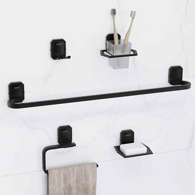 Plantex 5 Pcs Cute 304 Grade Stainless Steel 304 Black Towel Rod, Robe Hook, Napkin Ring, Soap & Tumbler Holder Set for Bathroom