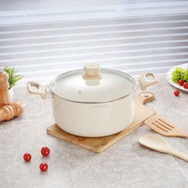 Cookaid Velora 4.8 Litre 24cm Aluminium Cream Non Stick Ceramic Coated Casserole with Glass Lid, CKD-CC-CS24-37