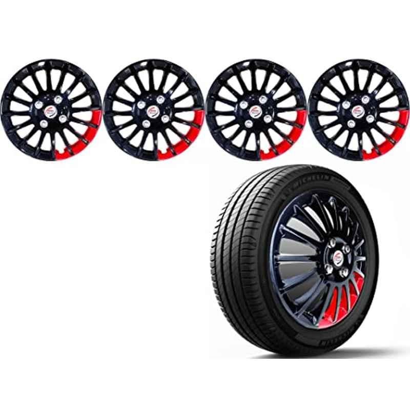 Auto Pearl 4 Pcs 15 inch ABS Black & Red Press Type Car Wheel Cover Set with Retention Ring for All cars